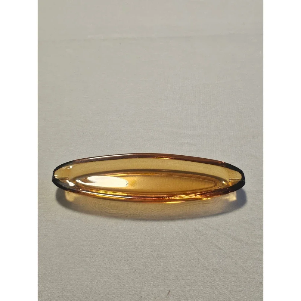 Vintage Mid Century Modern Amber Glass Oval Ashtray Boat Shape 2-Rest 6.75 Inch
